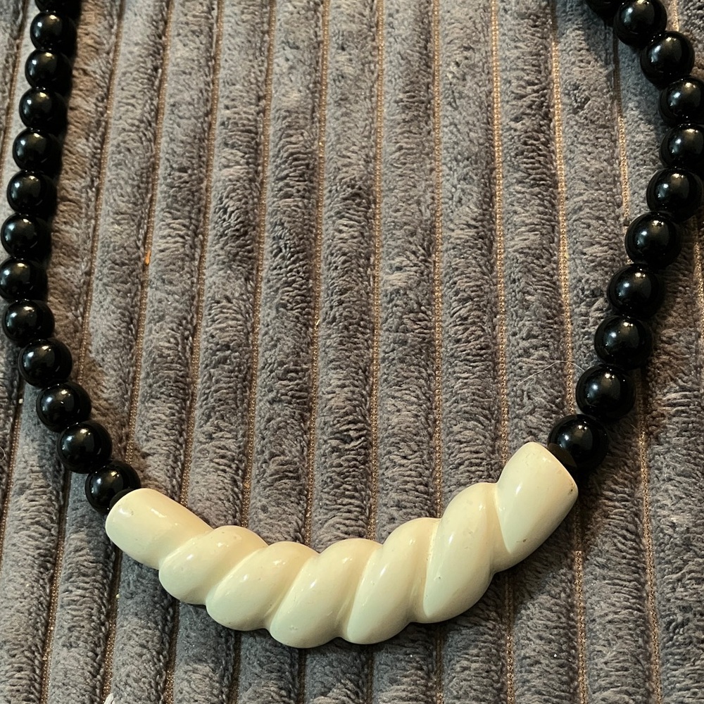 3/$15 Classic Black Bead Necklace with Ivory Colored Statement Accent